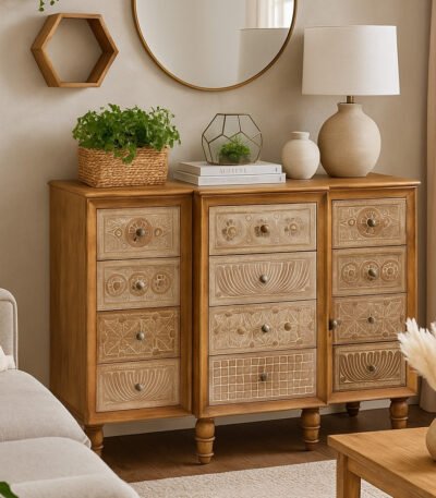 Carved Sheesham wood chest of drawers with 12 intricate hand-carved drawers and a natural distressed finish