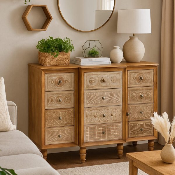 Carved Sheesham wood chest of drawers with 12 intricate hand-carved drawers and a natural distressed finish