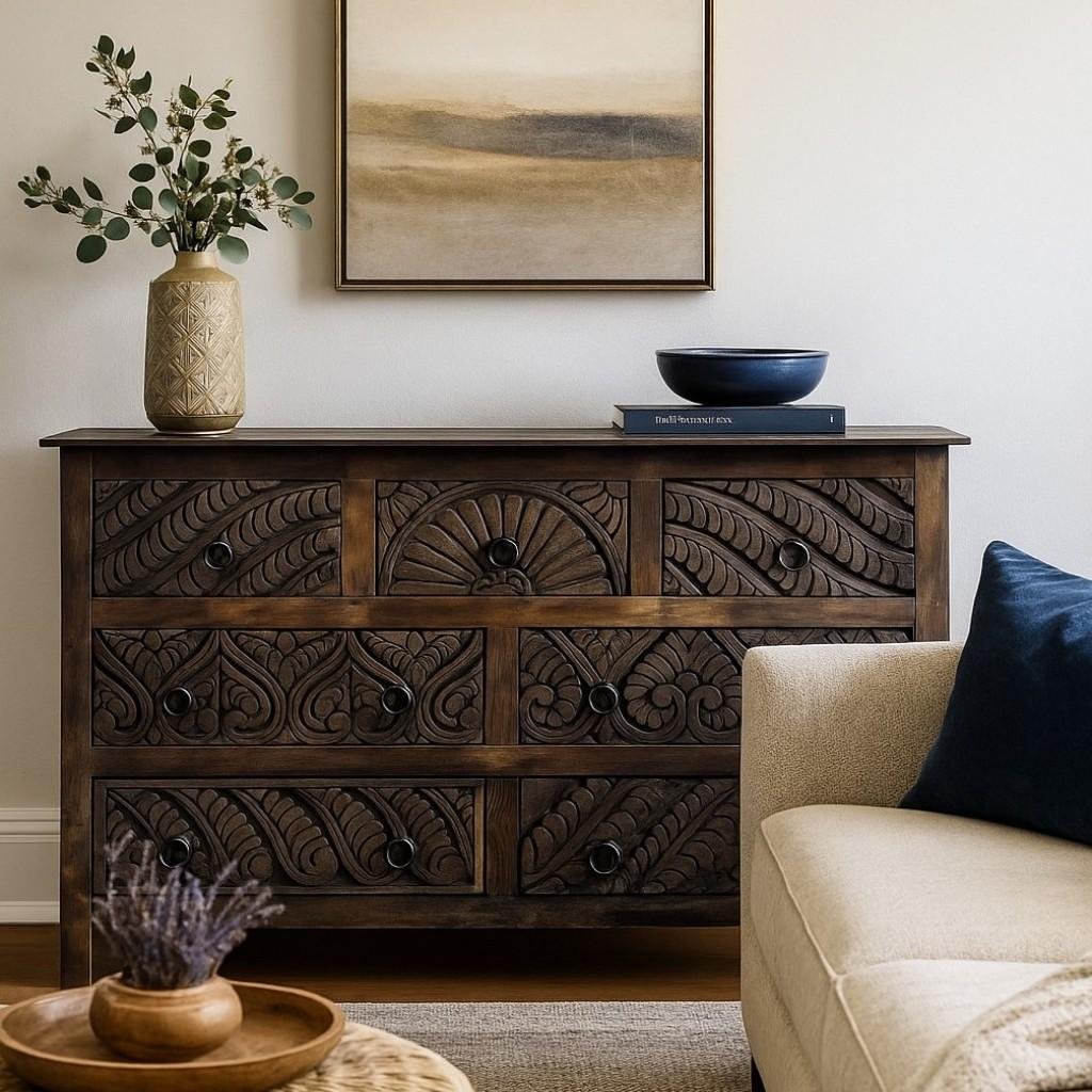Buy Distress brown finish chest of drawers made from solid mango wood.