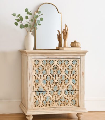 Distressed white wooden chest of drawers handcrafted from solid mango wood