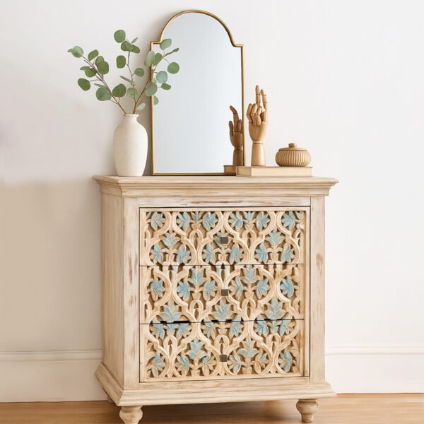 Distressed white wooden chest of drawers handcrafted from solid mango wood
