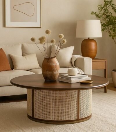 Circular coffee table with dark wood top and cane panel base in a luxury design.
