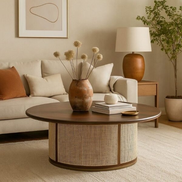 Circular coffee table with dark wood top and cane panel base in a luxury design.