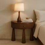 Sheesham wood bedside table with fluted half-moon design and walnut brown finish