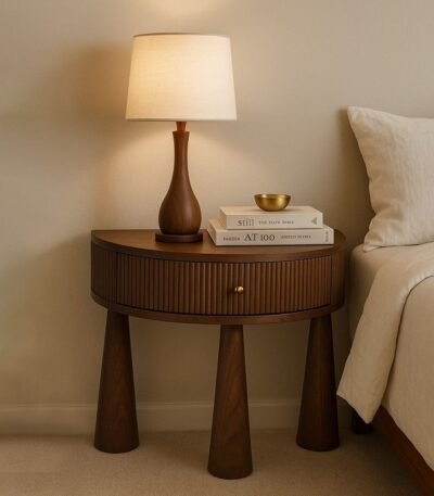 Sheesham wood bedside table with fluted half-moon design and walnut brown finish
