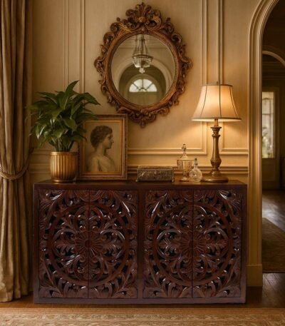 solid wood carved sideboard in walnut finish with hand-carved doors