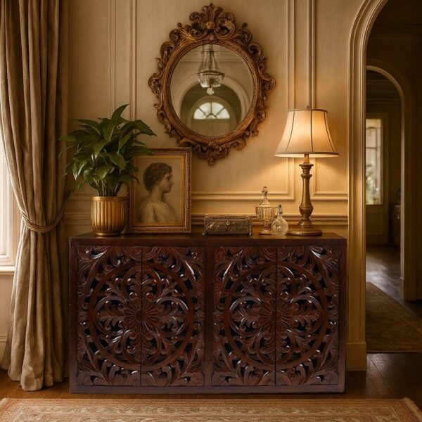 solid wood carved sideboard in walnut finish with hand-carved doors
