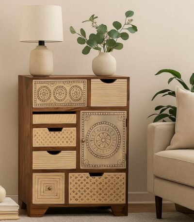 Carvique Handcrafted Solid Wood Sideboard – Multi-Drawer Carved Sheesham Cabinet