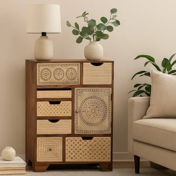 Carvique Handcrafted Solid Wood Sideboard – Multi-Drawer Carved Sheesham Cabinet