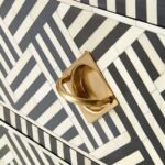 Elegant black and white bone inlay chest of drawers with geometric pattern on Sheesham wood and gold metal legs – Wooden Slice