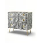 Elegant black and white bone inlay chest of drawers with geometric pattern on Sheesham wood and gold metal legs – Wooden Slice