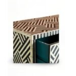 Elegant black and white bone inlay chest of drawers with geometric pattern on Sheesham wood and gold metal legs – Wooden Slice