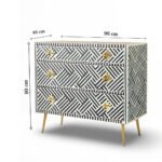 Elegant black and white bone inlay chest of drawers with geometric pattern on Sheesham wood and gold metal legs – Wooden Slice