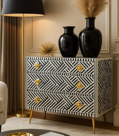 Elegant black and white bone inlay chest of drawers with geometric pattern on Sheesham wood and gold metal legs – Wooden Slice