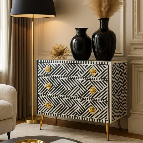 Elegant black and white bone inlay chest of drawers with geometric pattern on Sheesham wood and gold metal legs – Wooden Slice