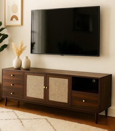 Elvano rattan media console made from solid Sheesham wood with cane doors