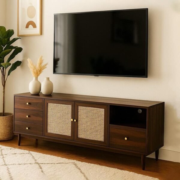 Elvano rattan media console made from solid Sheesham wood with cane doors