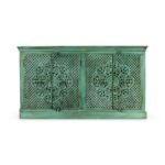 Handcrafted mango wood carved sideboard with distressed green finish