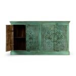 Handcrafted mango wood carved sideboard with distressed green finish