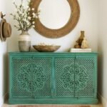 Handcrafted mango wood carved sideboard with distressed green finish