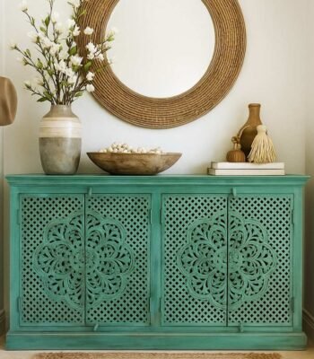 Handcrafted mango wood carved sideboard with distressed green finish
