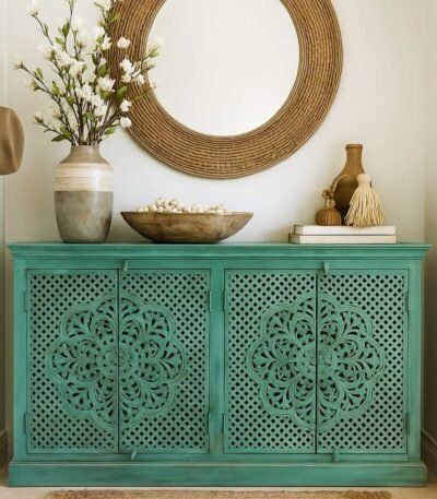 Handcrafted mango wood carved sideboard with distressed green finish