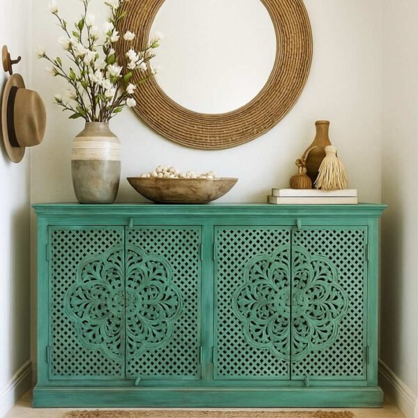 Handcrafted mango wood carved sideboard with distressed green finish