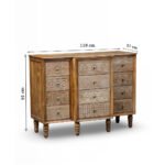 Carved Sheesham wood chest of drawers with 12 intricate hand-carved drawers and a natural distressed finish