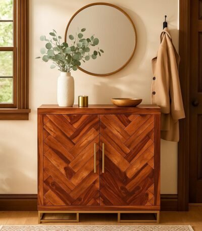 Premium handcrafted Sheesham wood shoe cabinet featuring herringbone pattern and metallic gold base