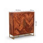 Premium handcrafted Sheesham wood shoe cabinet featuring herringbone pattern and metallic gold base