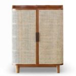 Modern handcrafted Sheesham wood shoe cabinet with rattan woven doors and elegant natural finish