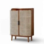 Modern handcrafted Sheesham wood shoe cabinet with rattan woven doors and elegant natural finish