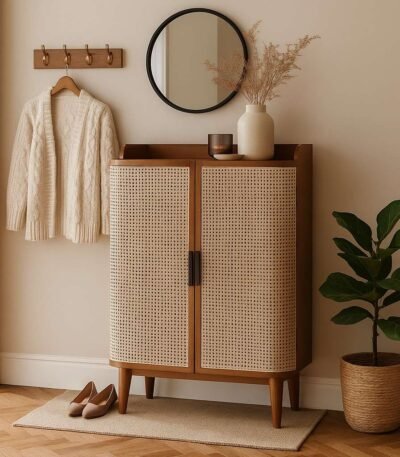 Modern handcrafted solid wood shoe rack with rattan cane doors and natural mango wood finish by Wooden Slice.