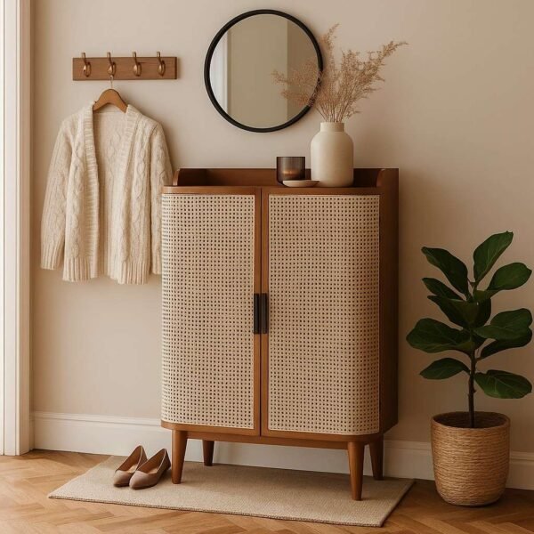 Modern handcrafted solid wood shoe rack with rattan cane doors and natural mango wood finish by Wooden Slice.