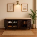 Handcrafted Sheesham wood shoe rack bench with cream upholstered seat and slatted doors by Wooden Slice.