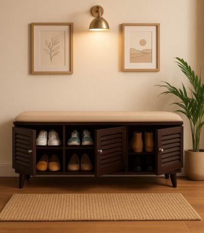 Handcrafted Sheesham wood shoe rack bench with cream upholstered seat and slatted doors by Wooden Slice.