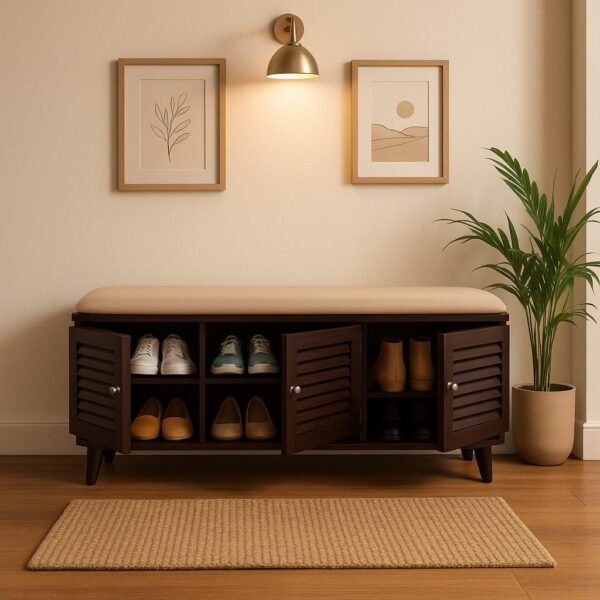 Handcrafted Sheesham wood shoe rack bench with cream upholstered seat and slatted doors by Wooden Slice.