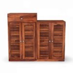 Sheesham wood handcrafted shoe rack with drawer and louvered doors for organized footwear storage by Wooden Slice.