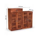 Sheesham wood handcrafted shoe rack with drawer and louvered doors for organized footwear storage by Wooden Slice.