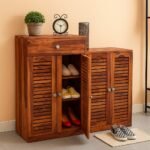 Sheesham wood handcrafted shoe rack with drawer and louvered doors for organized footwear storage