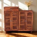 Sheesham wood handcrafted shoe rack with drawer and louvered doors for organized footwear storage by Wooden Slice.