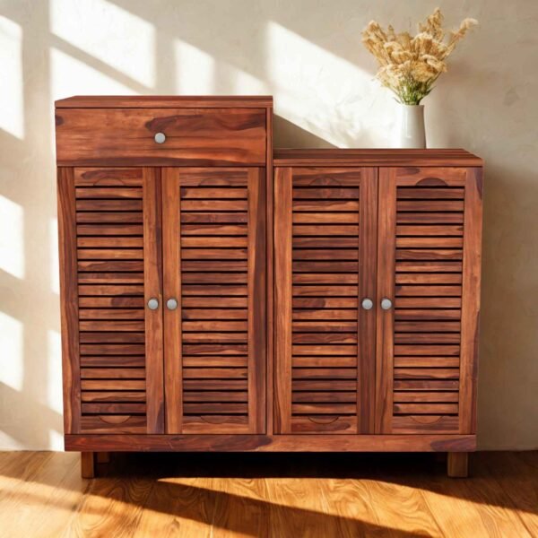 Sheesham wood handcrafted shoe rack with drawer and louvered doors for organized footwear storage by Wooden Slice.