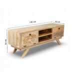 handcrafted Sheesham wooden TV unit with dual carved cabinet shutters and open center shelf in natural finish