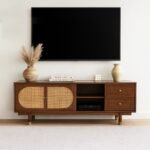 Luxora rattan TV console made from solid Mango wood with cane cabinet doors