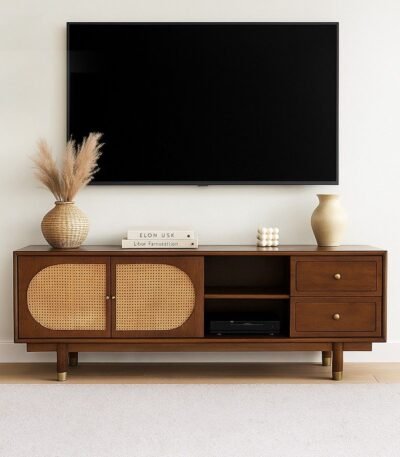 Luxora rattan TV console made from solid Mango wood with cane cabinet doors