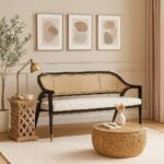 Handcrafted solid wood cane bench with Sheesham wood frame and natural rattan weaving.