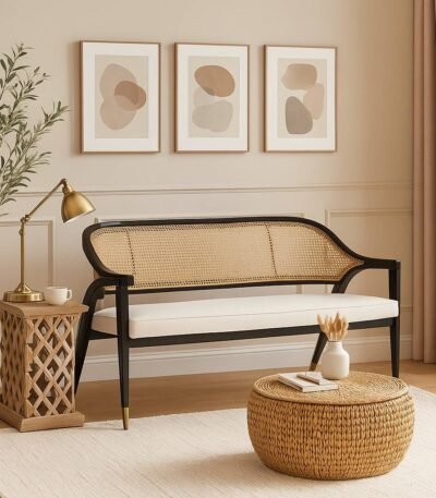 Handcrafted solid wood cane bench with Sheesham wood frame and natural rattan weaving.