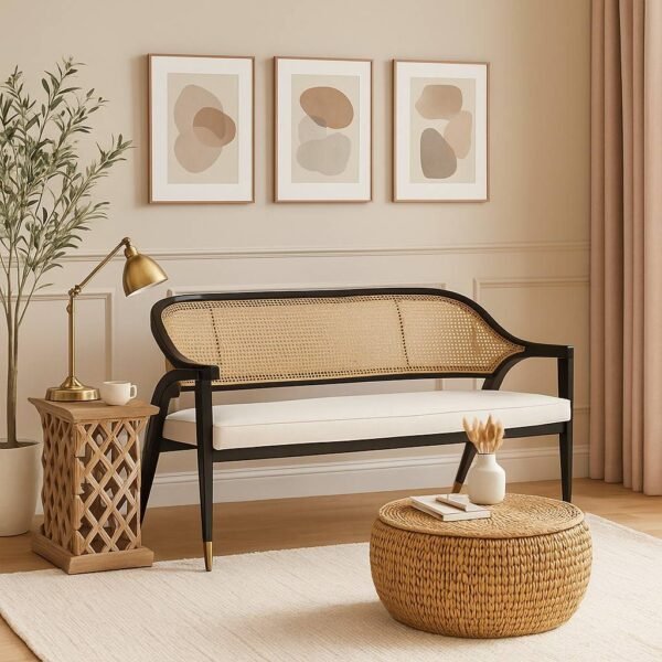 Handcrafted solid wood cane bench with Sheesham wood frame and natural rattan weaving.