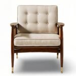 Handcrafted wooden armchair with natural rattan and cushioned seat