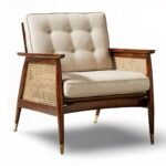 Handcrafted wooden armchair with natural rattan and cushioned seat